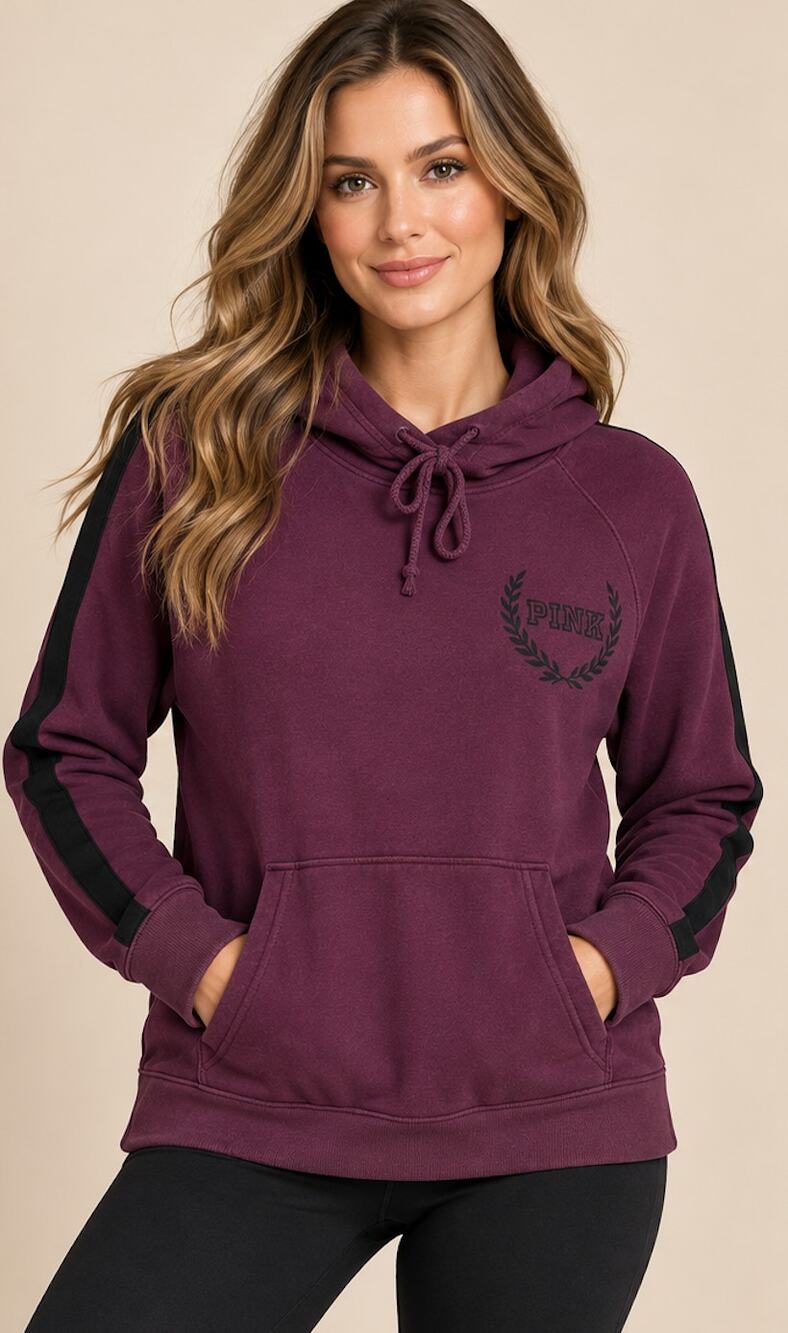 VS PINK Love PINK 86 Burgundy Black Stripe Pullover Hoodie M